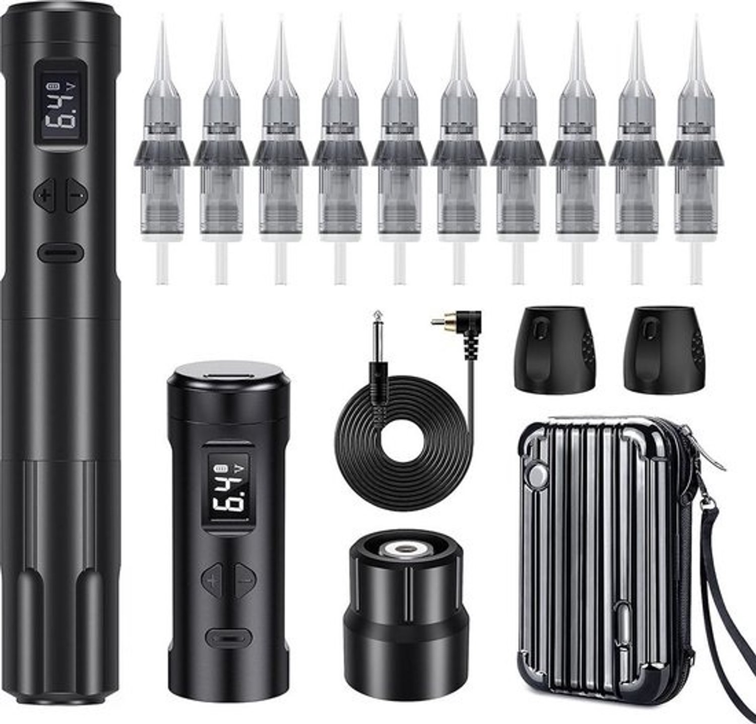 Tattoo machine met accessoires - Draadloze tattoo machines - Set met inkt en naalden - Kit met opbergkoffer - Voor professionals en beginners - Black on Black