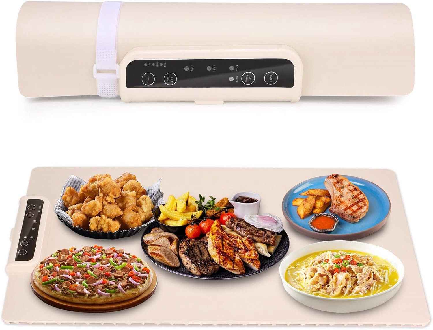 Elektrische warmhoudplaat - Voedselwarmer voor thuisgebruik - Warmhoudplaat met touchscreen - Antibacterieel en vlekbestendig - Multifunctionele constante temperatuur - 260W - Opvouwbaar - Draagbaar - 60x38cm - Beige