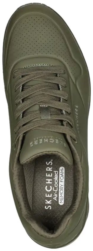 Vue de dessus de la basket Skechers Uno olive avec semelle intérieure Air-Cooled Memory Foam.
