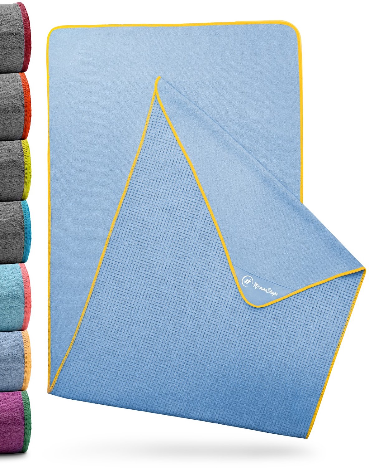 NIRVANASHAPE - Yogahanddoek als yogamat handdoek - antislip noppen - absorberende microvezel - hygiënisch en wasbaar op 40 graden - 185 x 63 cm - lichtblauw/geel