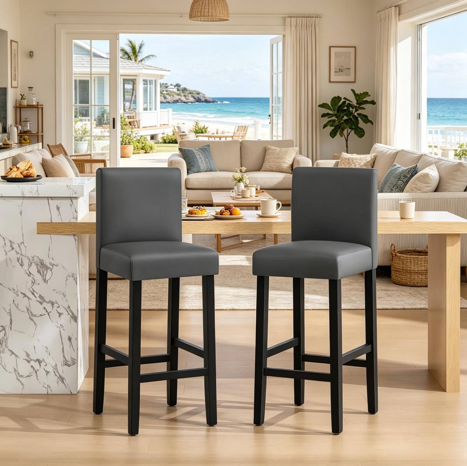 CHICFURN Barkruk - Met rugleuning - Houten onderstel - Zwart grijs