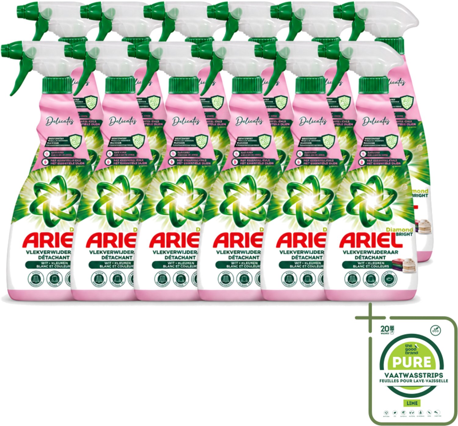 12 x Ariel - Vlekkenverwijderaar - Delicate & Wool Spray - 750 ml - Grootverpakking - Vaatwasstrips - Vlekken Verwijderen - Delicate Stoffen Reinigen - Babykleding Reinigen - Wol Reinigen - Zijde Reinigen