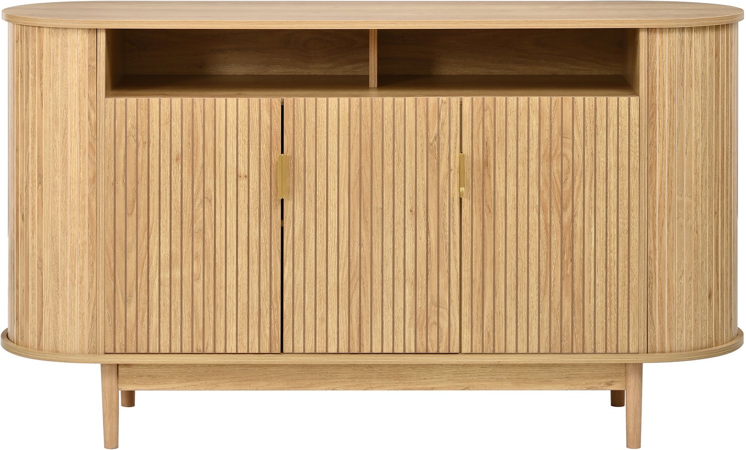 SONNENH Dressoir met 3 ribbeldeuren, 2 open bovenvakken en grenen voeten - Houtlook - 140 x 40 x 78 cm