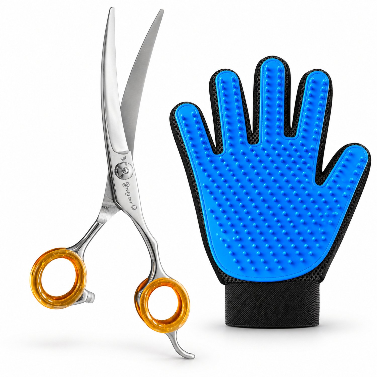 Professor Q Hondentrimset - Omhoog Gebogen Trimschaar 7,5 inch Oranje - Vachthandschoen Blauw - 2-delig