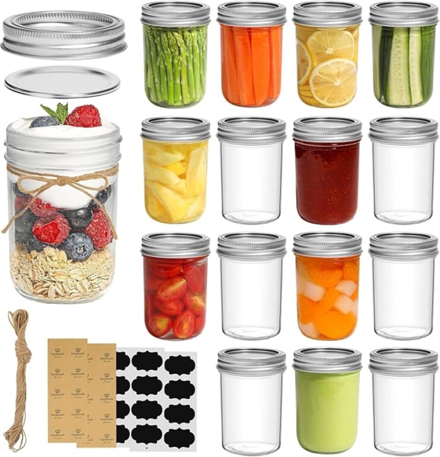Mason jars van glas 240 ml met deksel, 16 stuks - Inclusief etiketten, stickers en touw