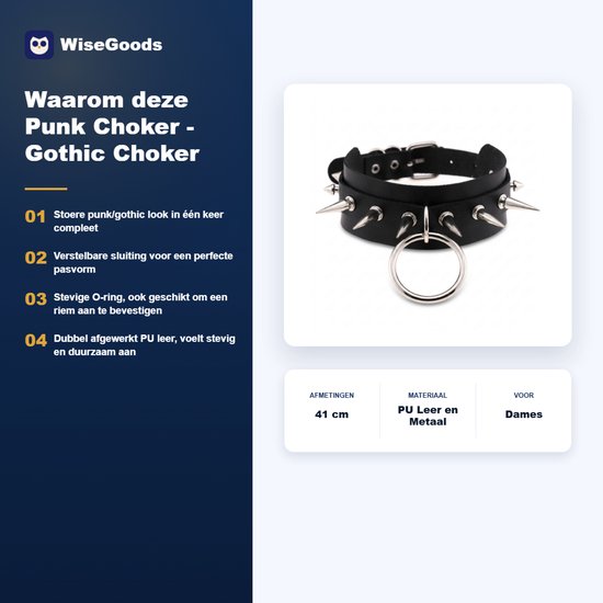 WiseGoods punk choker met productkenmerken: 41 cm, PU-leer en metaal.
