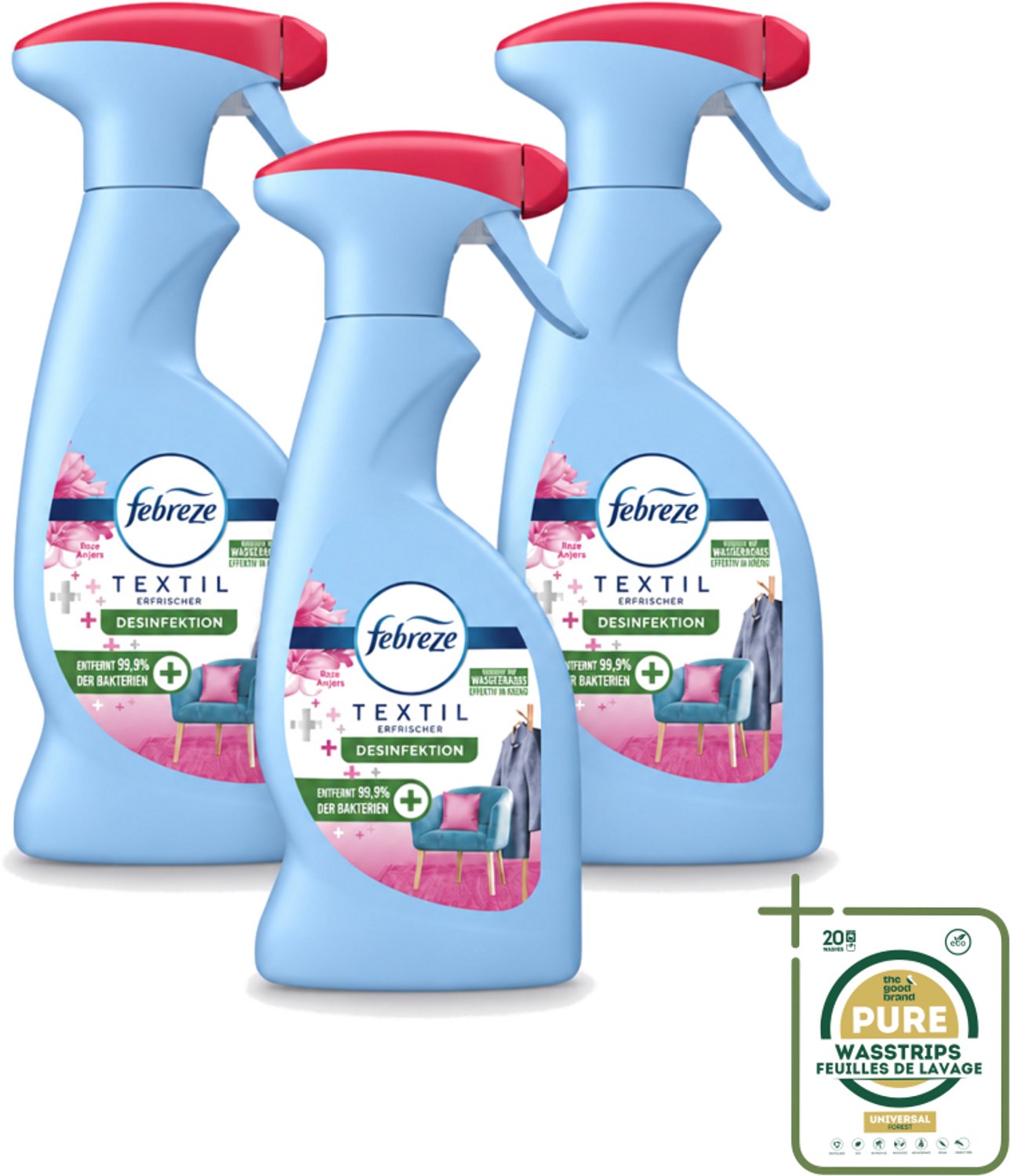 3 x Febreze – Textielspray – Roze Anjers – 375 ml - Wasstrips - Textielgeur - Textielverzorging - Geurverwijdering - Textielspray - Roze Anjers