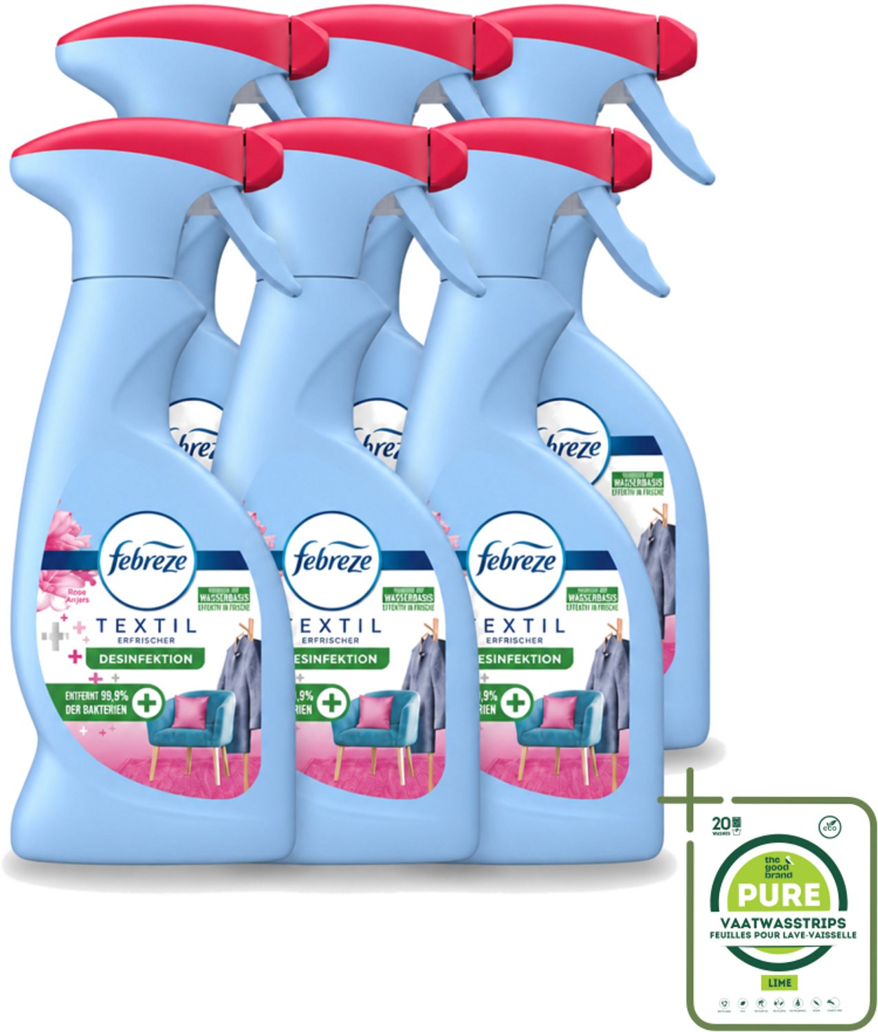 6 x Febreze – Textielspray – Roze Anjers – 375 ml - Grootverpakking - Vaatwasstrips - Textielgeur - Textielverzorging - Geurverwijdering - Textielspray - Roze Anjers