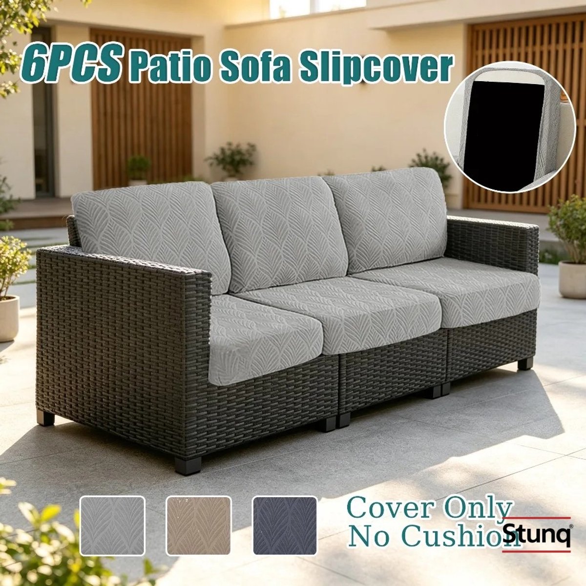 Stunq® 6-delige waterdichte kussenhoes met bladerjacquard en TPU-achterkant, lichtgrijs