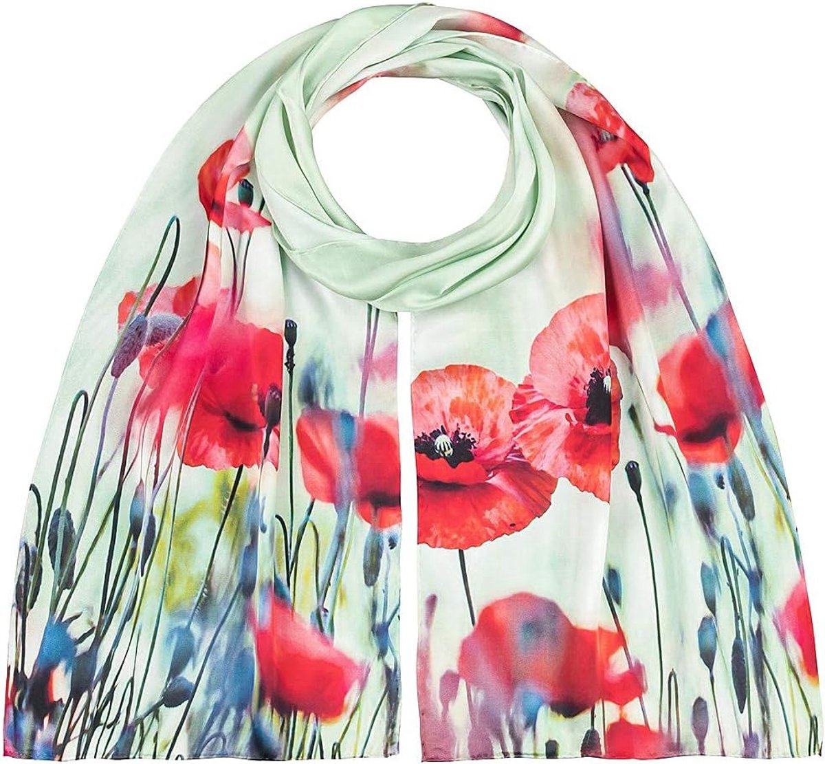 Zijden Sjaal 172x42 cm - 100% Zijde Klaprozenmotief - Handgerolde Randen
