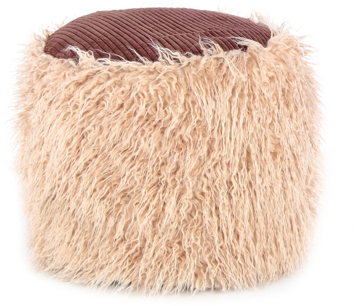 Padiro ronde poef Ø 45 x 38 cm - beige en bruin - boho kunstbont en ribstof - veelkleurig met pluche accenten - met korrelvulling
