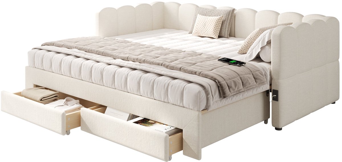 Merax Slaapbank 90x190 cm - Uitschuifbaar Logeerbed 180x190 cm - Bed met Opbergruimte - USB en Type-C - Linnen - Beige