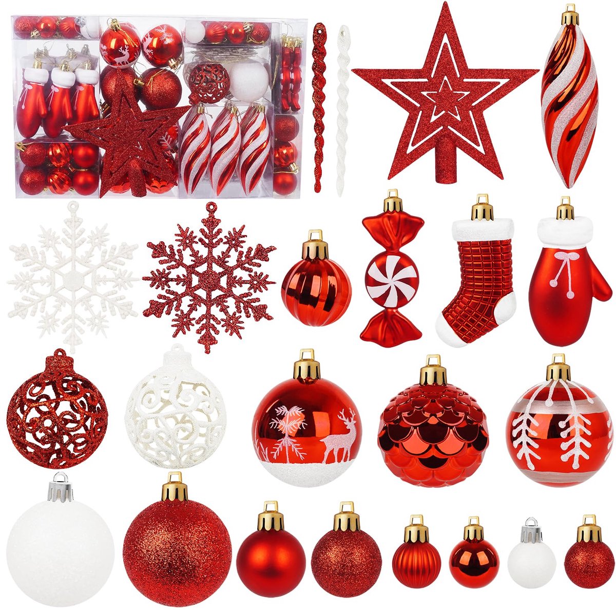 Miaikoe Kerstballen, ornamenten, 135 stuks, onbreekbare kunststof, verschillende voorgebonden kerstballen voor - ShopVlot