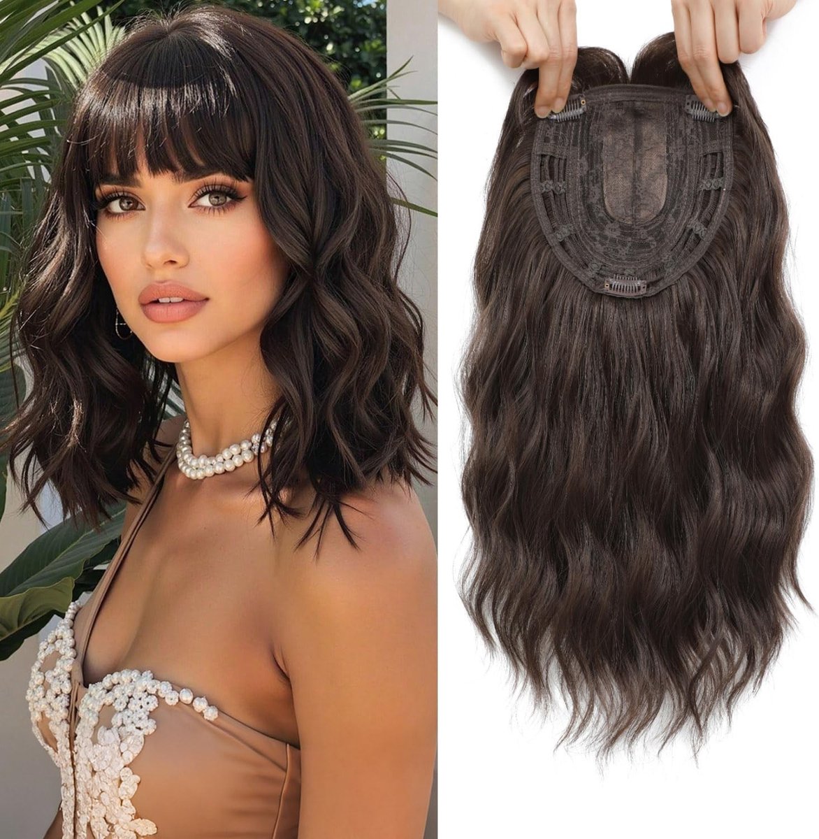 Wavy Hair Topper 35.5 cm met Bangs - Glueless Pruik voor Dames, Perfect voor Dun Haar en Volumineuze Look