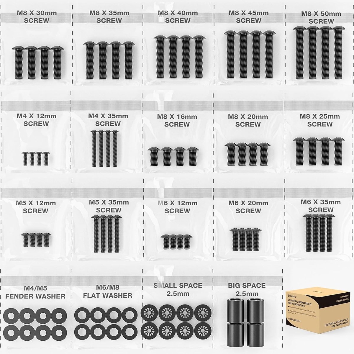Complete installatiekit voor TV-montage met schroeven en spacers voor televisies tot 80 inch, geschikt voor M4, M5, M6 en M8 bevestigingen