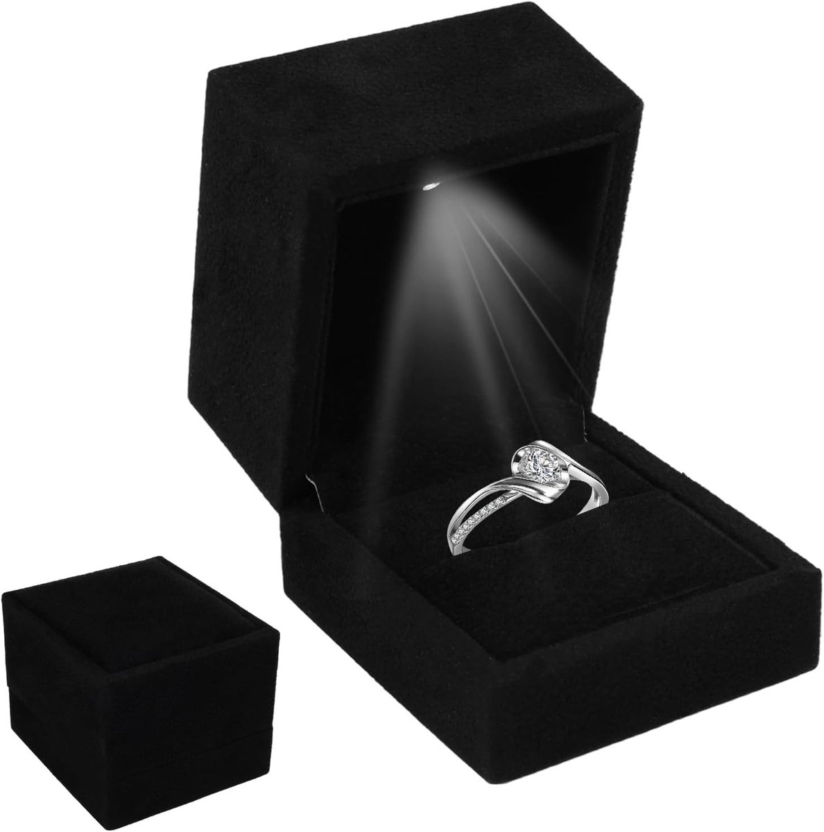 Elegante Velvet Sieradenbox met Interne Verlichting voor Ringen en Oorbellen, 6.5 x 6 x 5.5 cm, Perfect voor Opslag en Verlovingsvoorstellen