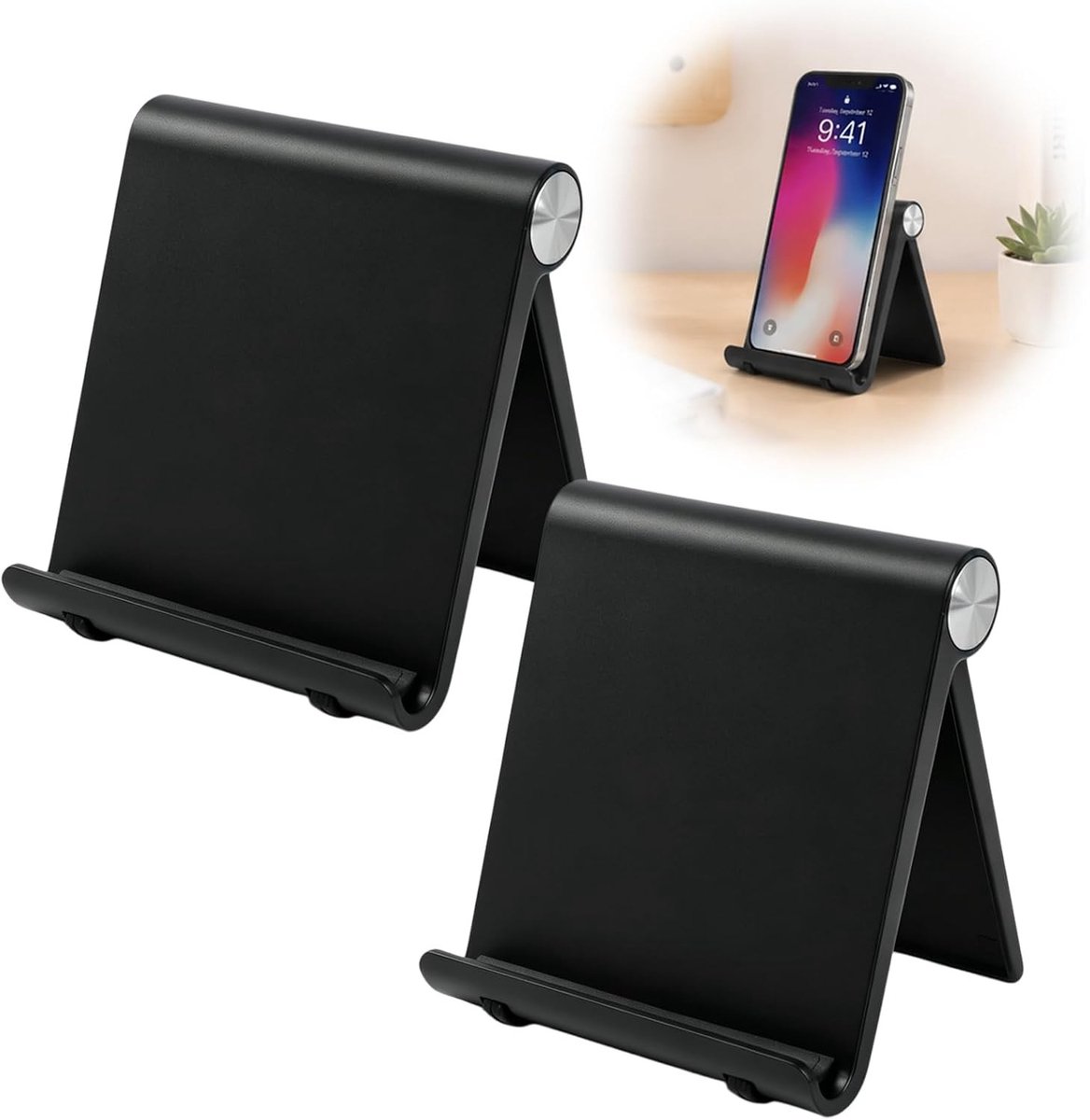 Set van 2 zwarte telefoonhouders voor bureau, ideaal voor iPhone, Galaxy en meer - compacte, stabiele smartphonehouder voor thuis en onderweg, perfect voor multitasking
