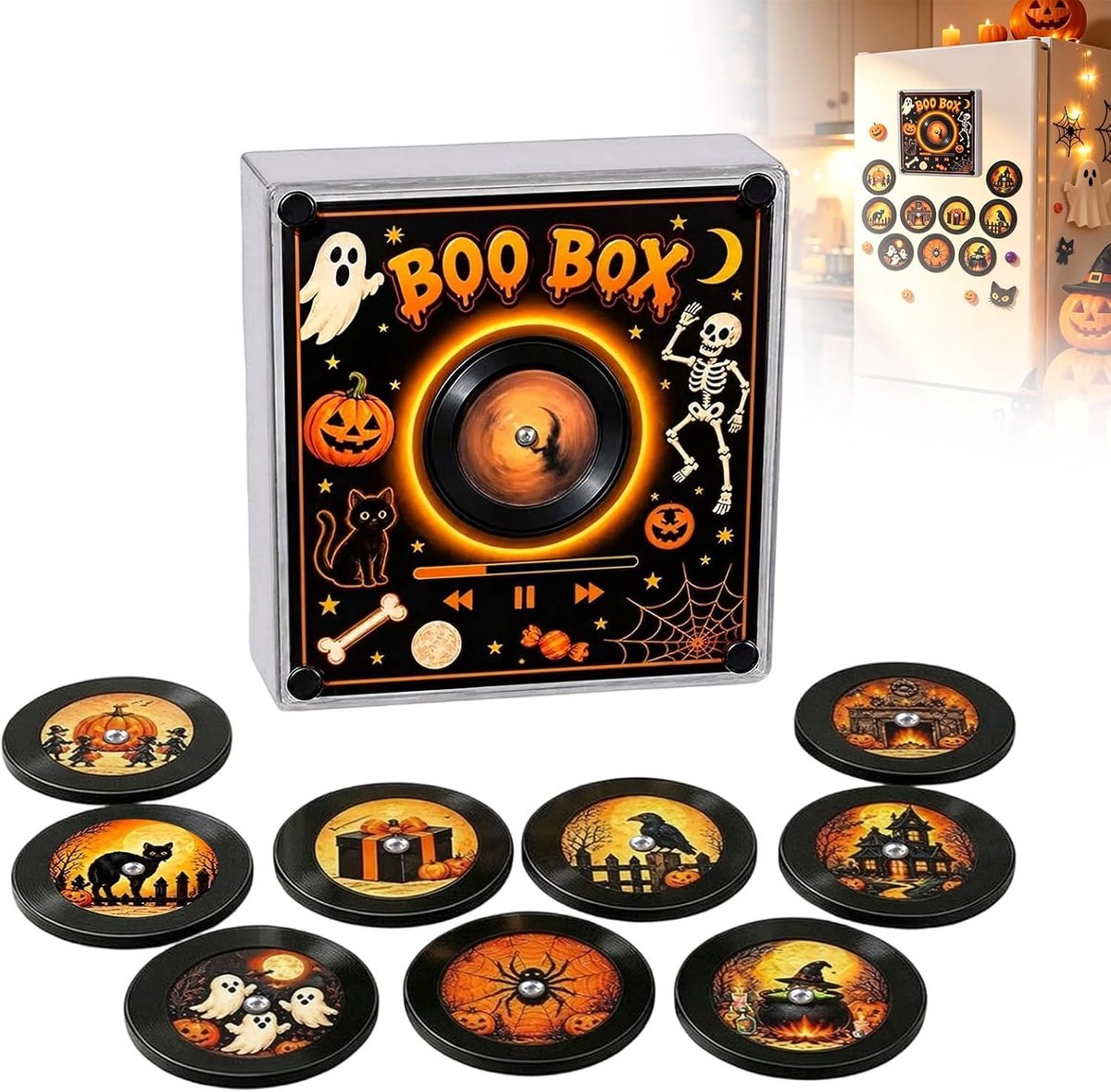 Kerst Muziek Magneten Voor Koelkast - Met LED-licht & 9 NFC Mini Vinylplaten - Muziekdoos Kit - USB-Oplaadbaar - Complete NFC-discspeler voor vinylliefhebbers - herbruikbaar decor voor kerstdecoraties, keuken en feest - Halloween