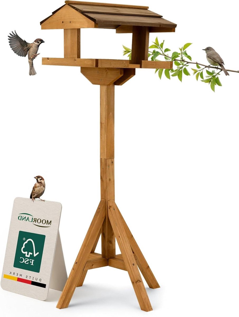 Houten Voederhuisje - Vogelhuisje Tuin - Vogels Voeren - Weerbestendig Open Ontwerp - 114 cm Hoog - Bruin