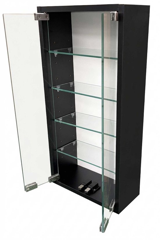 Zwarte vitrinekast met geopende glazen deuren, 5 glazen legplanken en LED-verlichting.