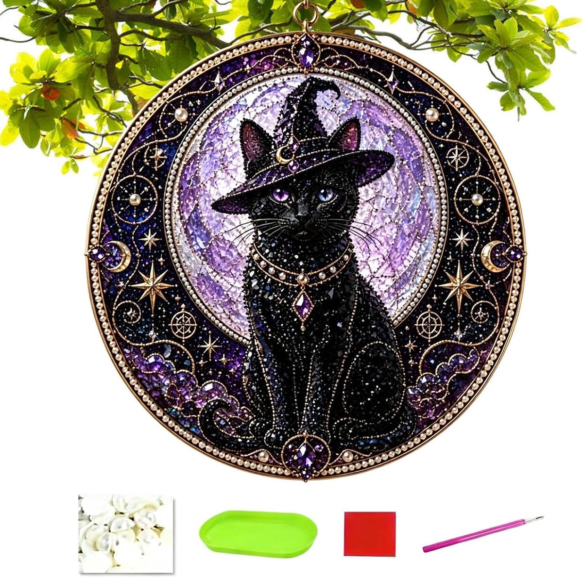 DIY Diamond Painting - Diamantschilderset met kattenthema - DIY Feestelijke Decoraties - Raamhangers - Muurdecoraties - Geschikt voor knutselaars - Paars