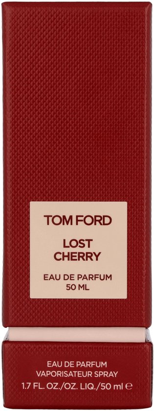 Doos Tom Ford Lost Cherry Eau de Parfum 50 ml, rood met textuur, met witte label.