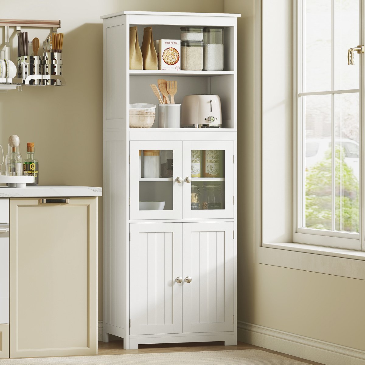 AURA LUMEN-Opbergkast-Buffet keuken wit MDF met glazen deuren & 2 niches - 60x30x162 cm