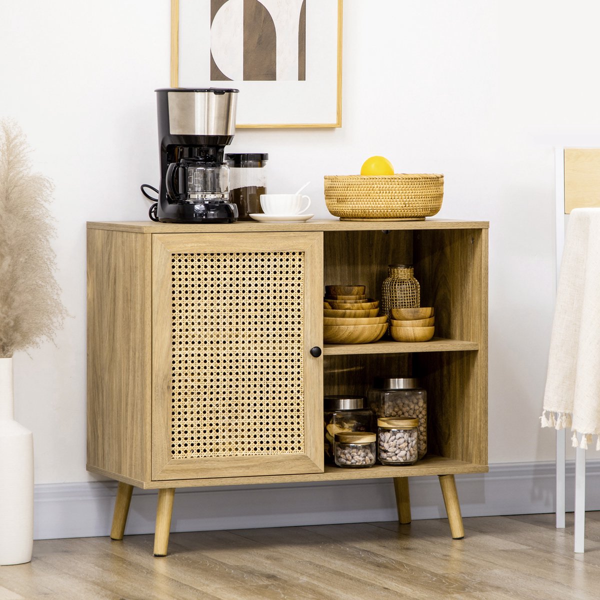 AURA LUMEN Buffetkast-Buffet opbergmeubel met rotanwaaier en houteffect - 80x39x70 cm-natuurlijke look voor woonkamer of keuken Natuurlijk hout