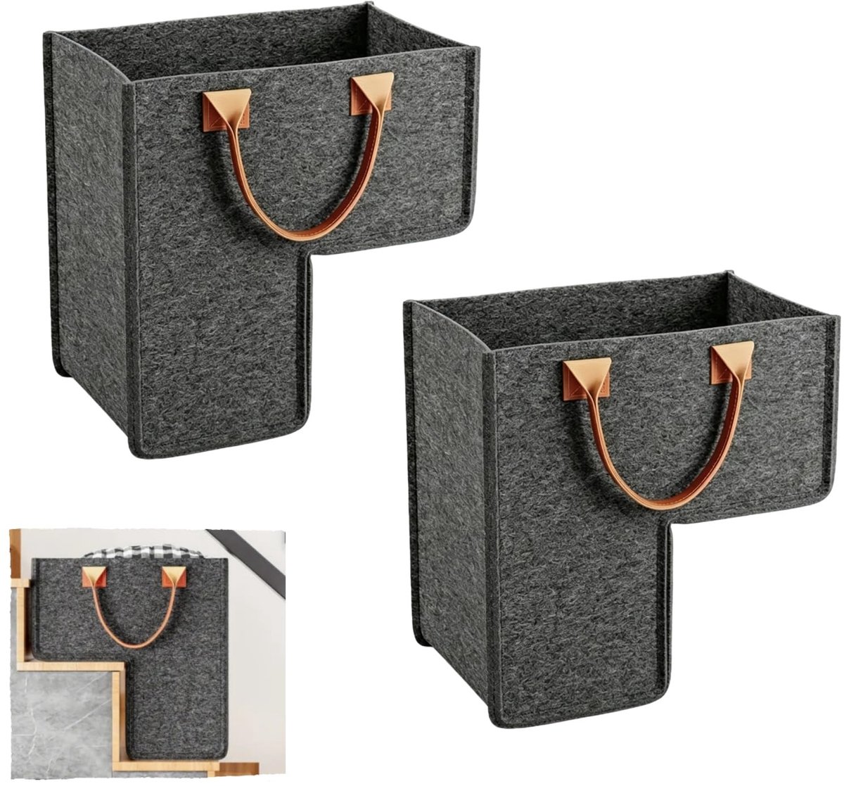 2 stuks vormvaste trappenorganizer, mand donkergrijs met lederen handgrepen - ShopVlot