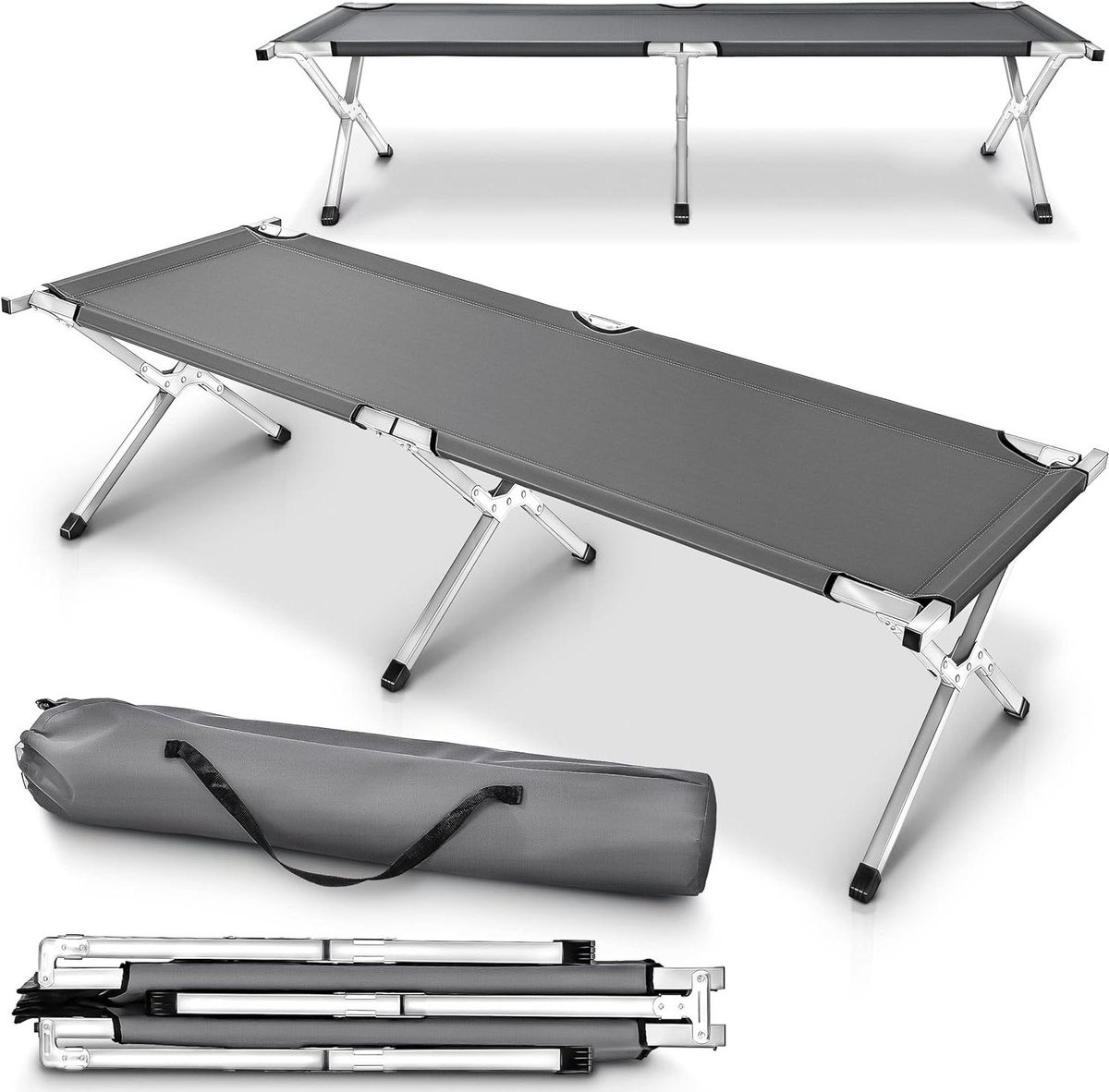 XXL campingbed - Veldbed - Buiten slapen - Robuuste metalen constructie - 210 x 72 cm - Grijs