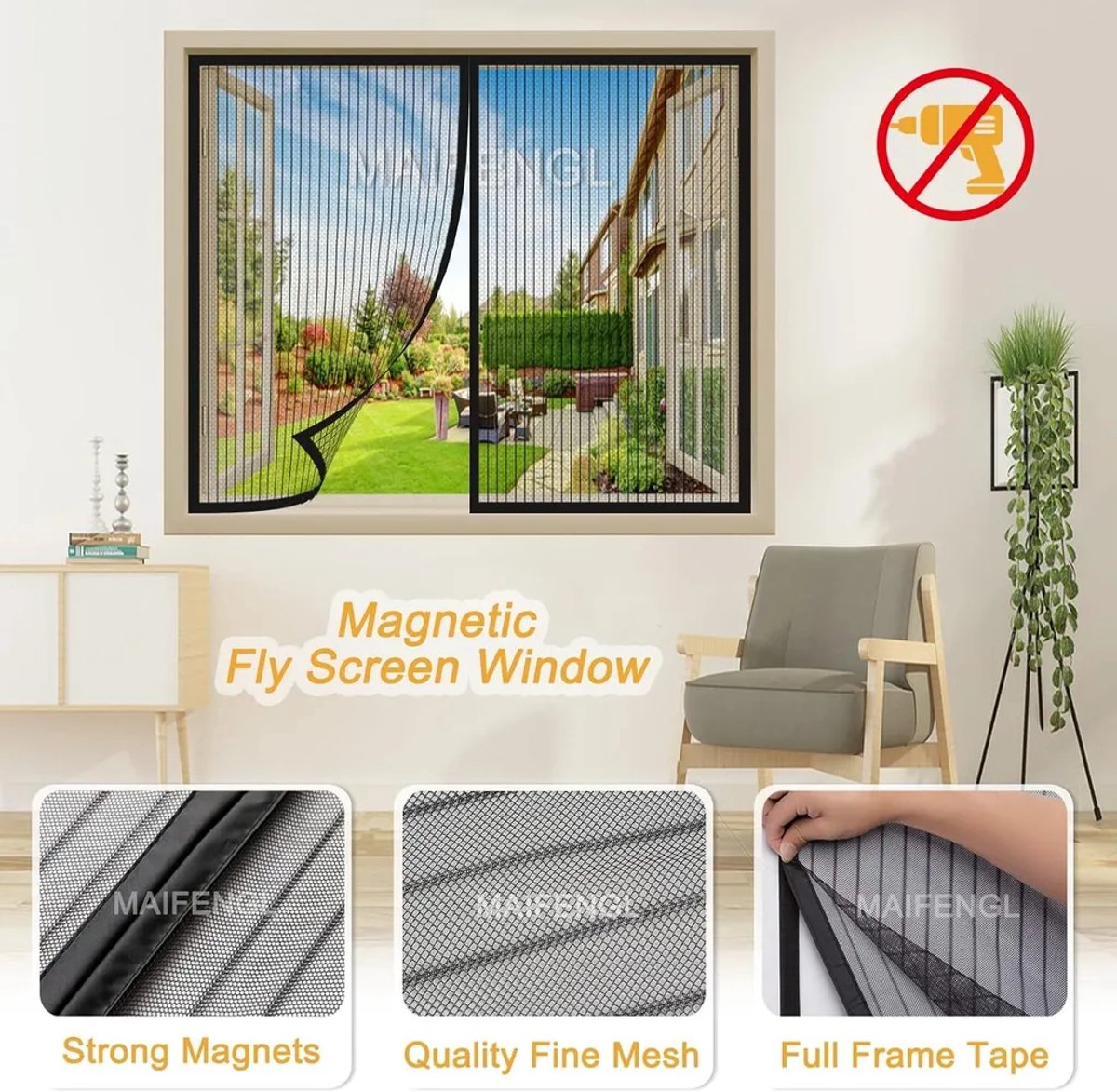 Zwart magnetisch horgaas, 120 x 120 cm, insectenwerend gordijn, magnetische automatische sluiting, geschikt voor alle ramen, boren niet nodig.