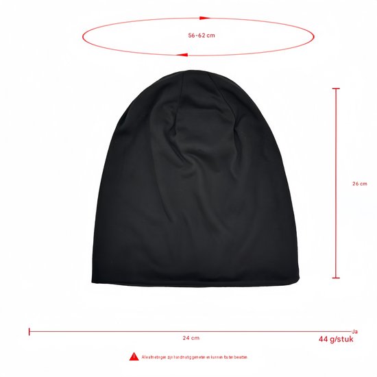 Zwarte slouchy muts met afmetingen: hoofdomtrek 56-62 cm, hoogte 26 cm, breedte 24 cm. Gewicht: 44 g/stuk.