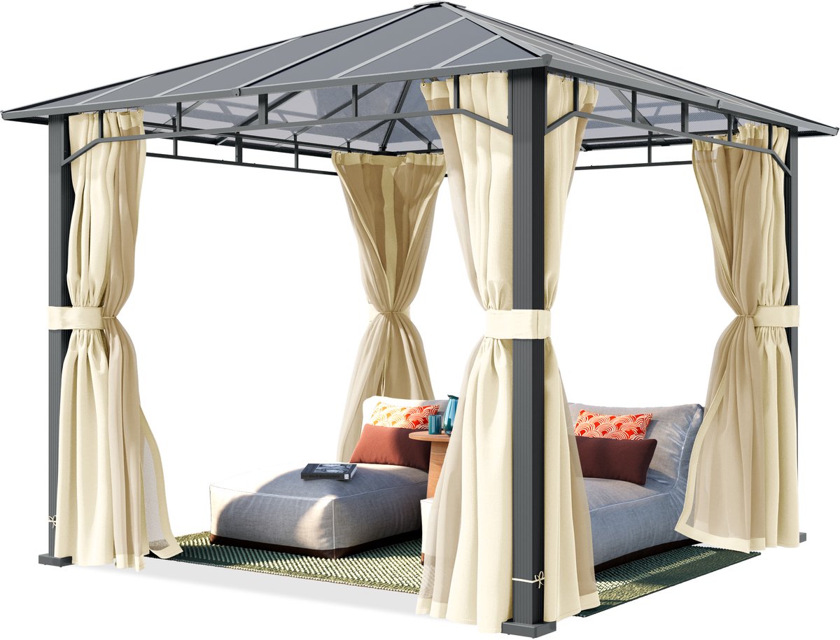 TOOLPORT Tuinpaviljoen 3x3 m, aluminium, polycarbonaat dak ca. 8 mm, beige - met zijwanden en muggennetten
