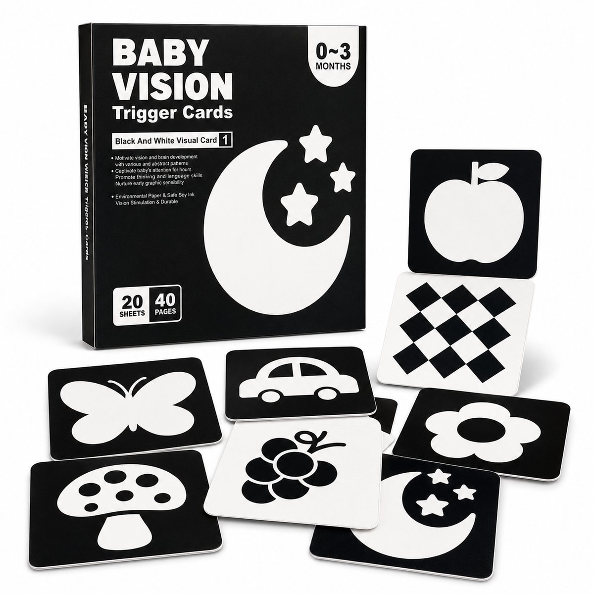 Baby Zwart Wit Kaarten - Hoog Contrast - 20 Kaarten - 0-3 Maanden