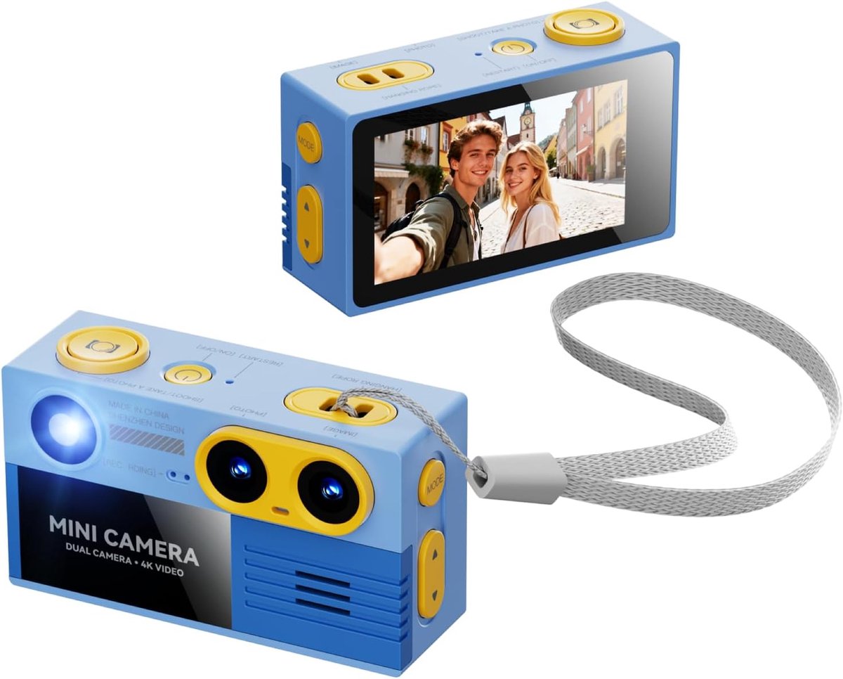 Mini Digitale Camera 4K - Retro Duimcamera met Dubbele Camera - Sleutelhanger Camera met 1,97 Inch Scherm - Compacte Digitale Camera voor Reizen, Vloggen en Dagelijks Gebruik - Lichtblauw