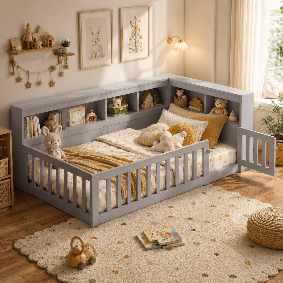 Welltin Kinderbed 90x200 cm - Eenpersoonsbed - Vloerbed - Grondbed - Multifunctioneel bed - Open opbergruimte - Met hoofdeinde - Met stopcontact en USB-poort - Met vangrail - Dennenhout - Ruimtebesparend - Snelle montage - Grijs