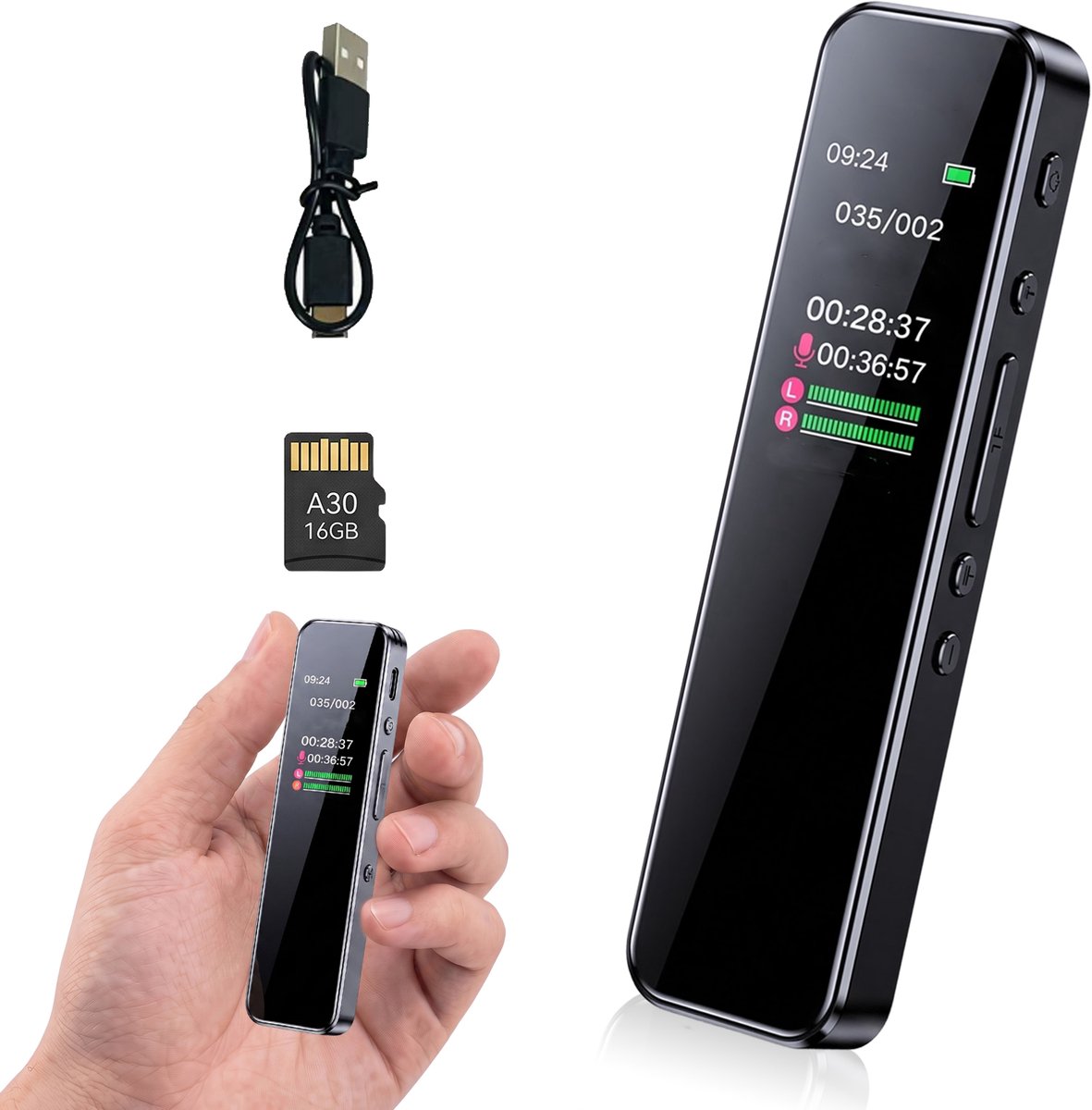 Fokelyi Voice Recorder - Dictafoon- IPS Kleurendisplay- 360° Opname- Aluminium Behuizing-Recorder-Eenknopsopname- Stemgestuurde Opname-Inclusief 16GB Geheugenkaart