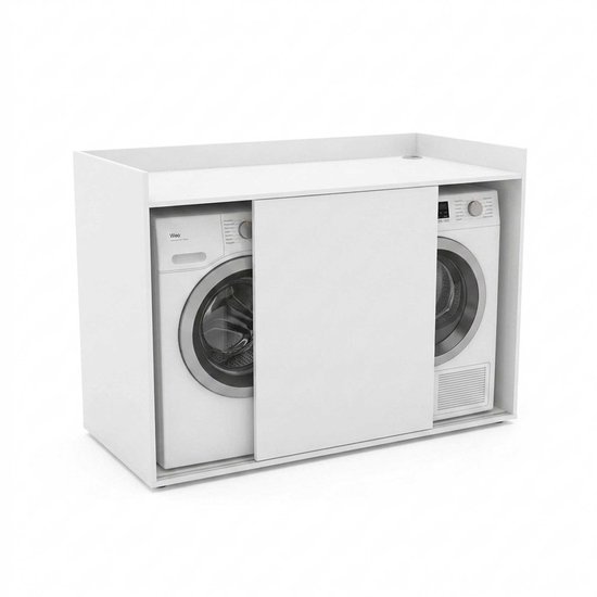 Witte kast met twee schuifdeuren, waaronder een wasmachine en droger.