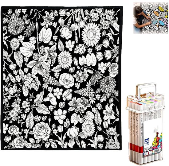 Zwart-wit dessin van bloemen en bladeren, met 24 acryl stiften in een doos.