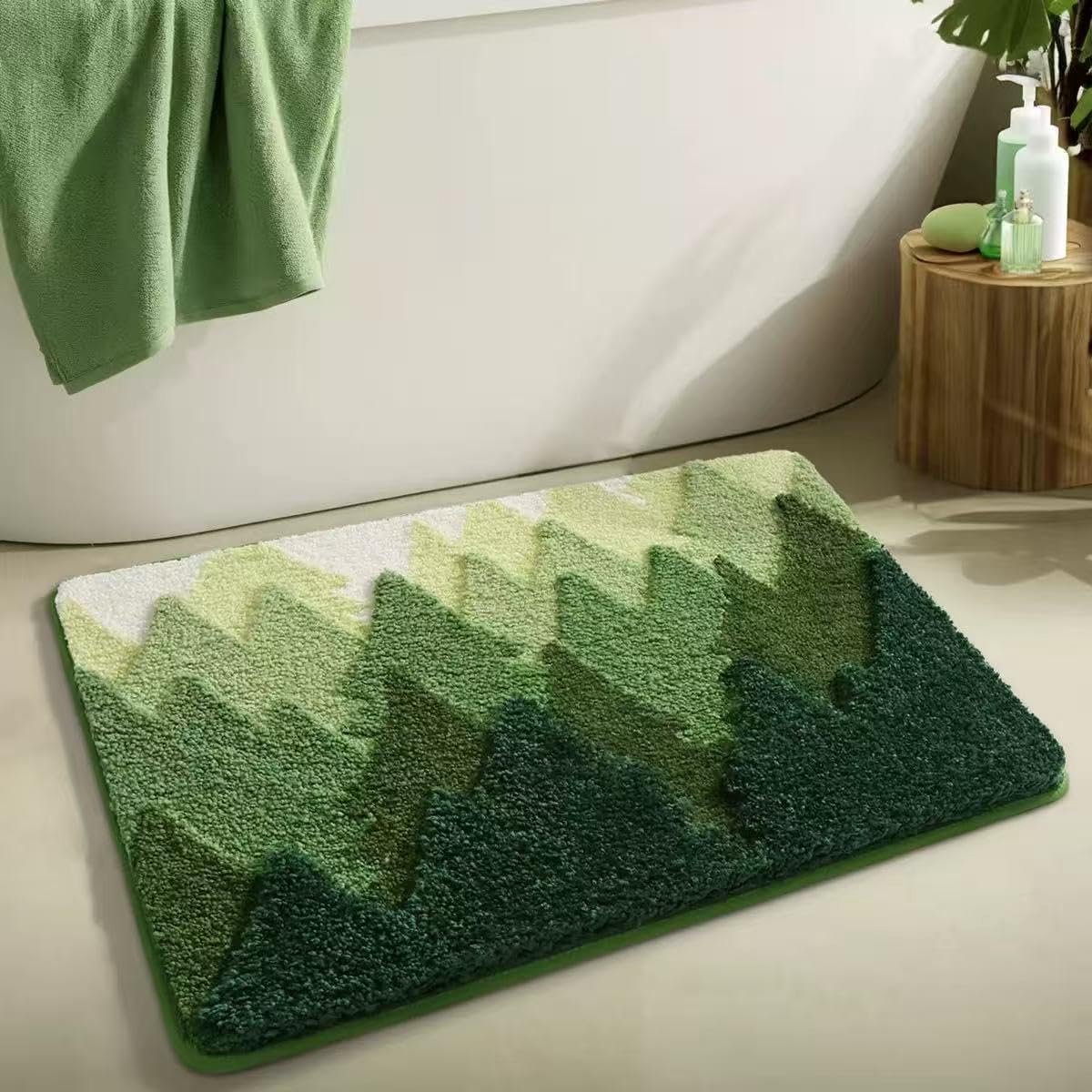 Bloemen shaggy badmat 40 × 60 cm, extra zacht en sterk waterabsorberend, antislip pluizig tapijt, machinewasbaar voor badkamer, bad en douche, bosgroen