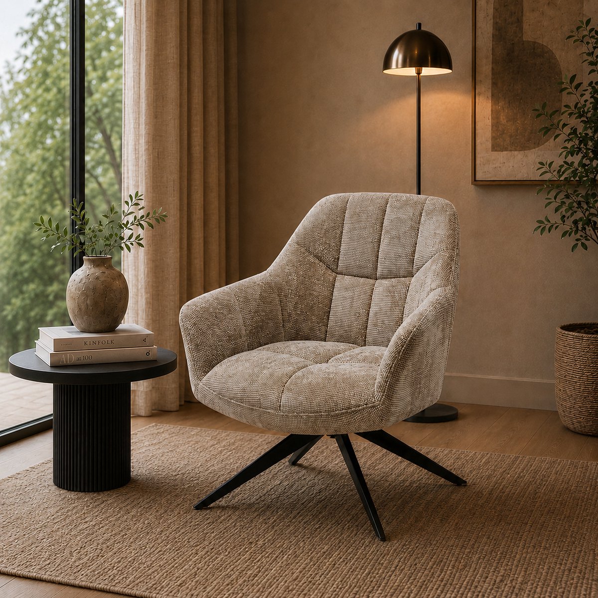 Fauteuil Amy – Luxe Draaibare Loungestoel – Polyester Stof – 360° Draaibaar - Taupe