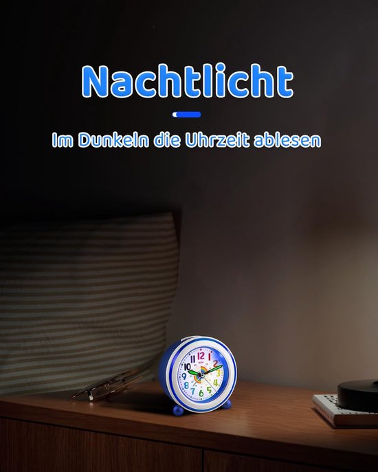 Kinderwekker Analoog - Stille Leerwekker - Kind Leren Klokkijken - Met Nachtlampje - 8.5 x 8.5 cm - Donkerblauw — afbeelding 5