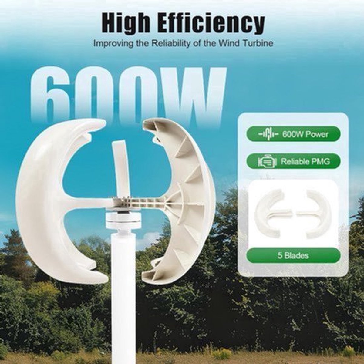 Windmolen – Windturbine – Windgenerator – Verticale Turbine – Tuinsteker – 600W Vermogen – IP67 Waterdichte Controller