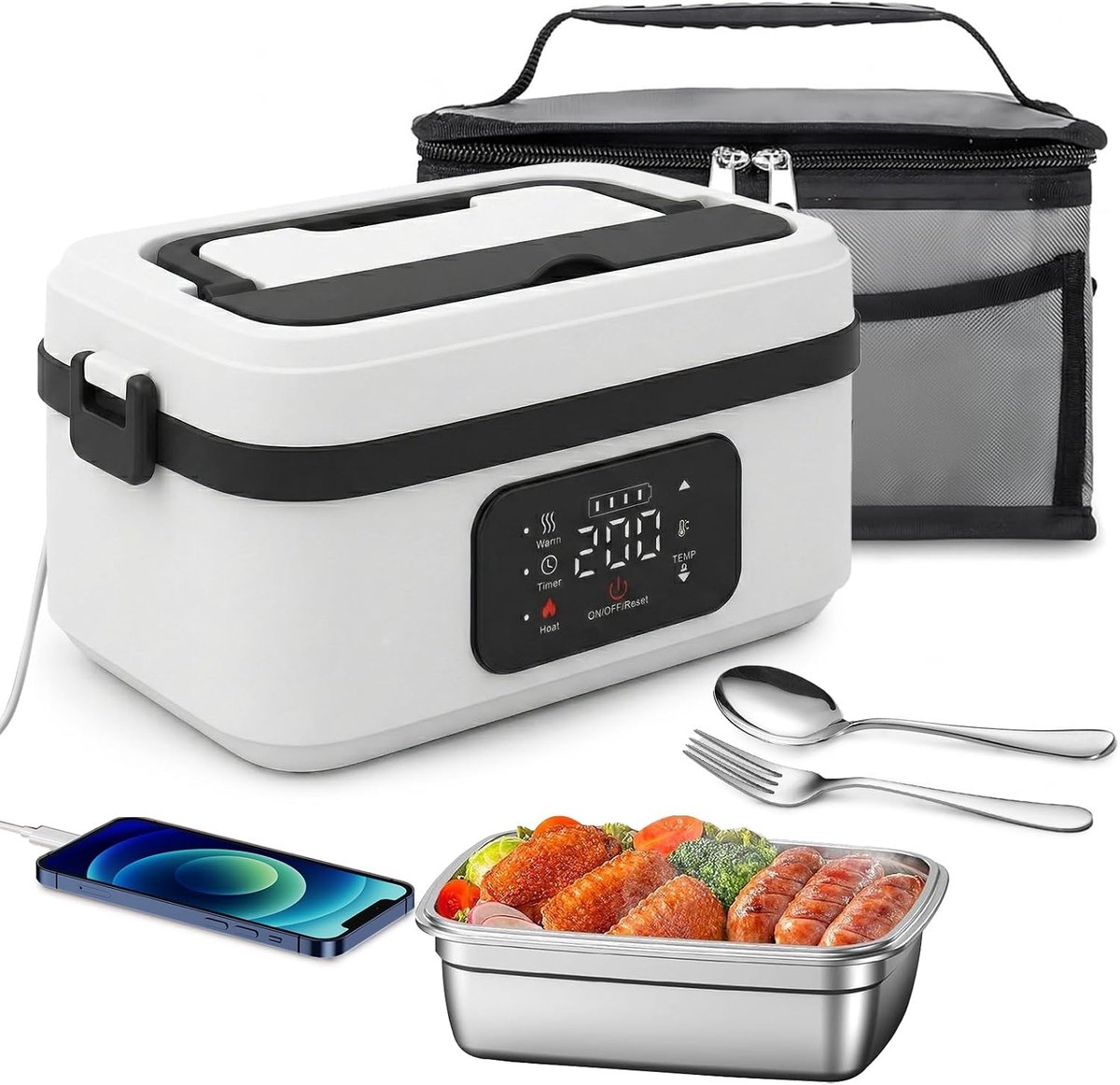Oplaadbare, verwarmde lunchbox op batterijen met programmeerbare verwarmingsfunctie, roestvrijstalen lunchbox van 1 liter, inclusief bestek en geïsoleerde tas, geschikt voor gebruik op kantoor of in de auto.