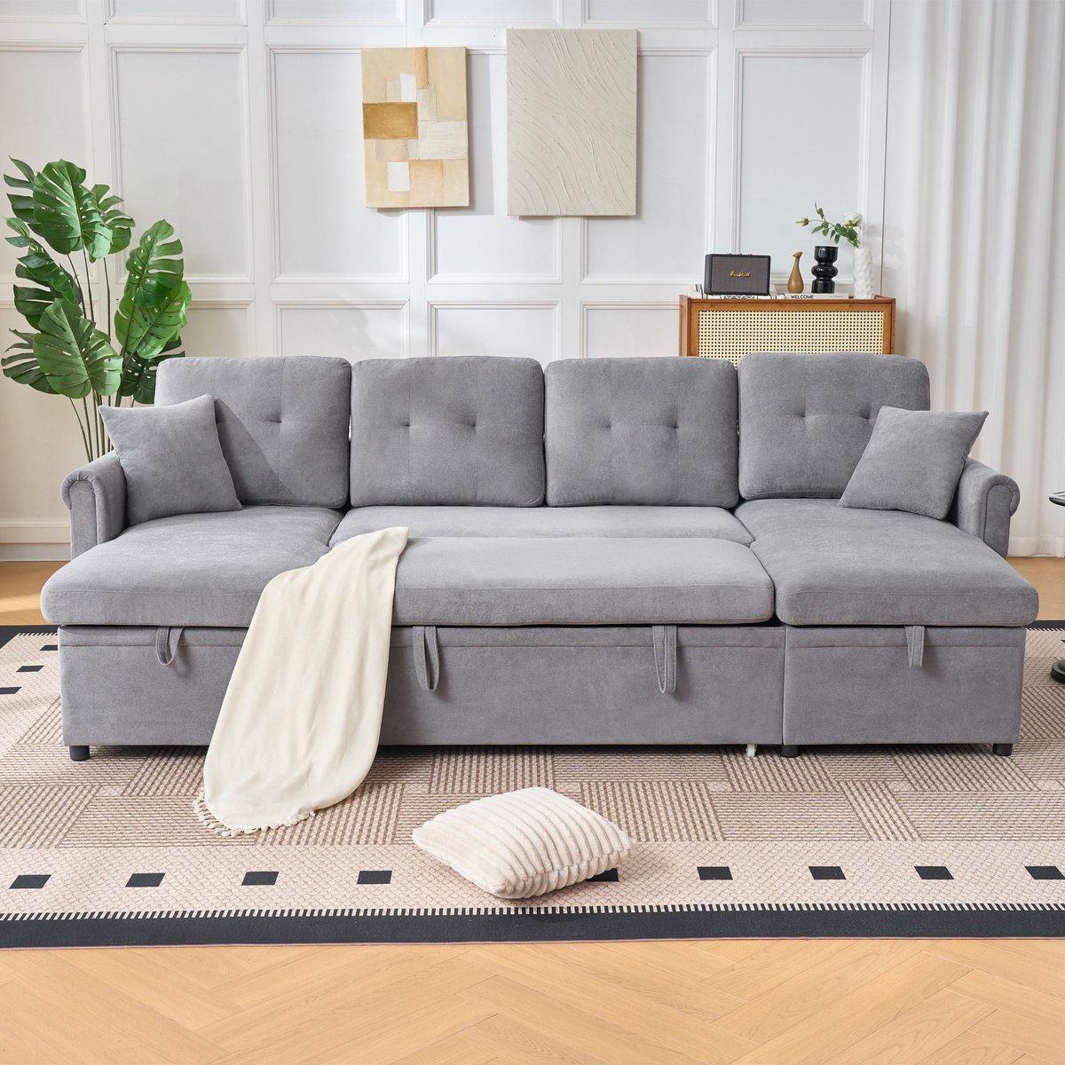 VVBV Slaapbank – Bedbank van Chenille met Opbergruimte – Modern Design – Voor 4-5 Personen – Voor Woonkamer – Grijs