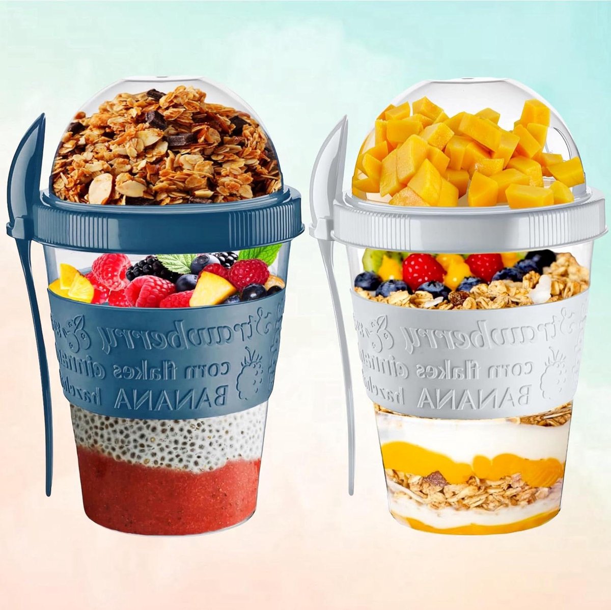 Yoghurtpotten Herbruikbaar - Ontbijtpotten to GO - Verse Maaltijden Meenemen - Twee Compartimenten Ontwerp - 600 Milliliter - Set van 2
