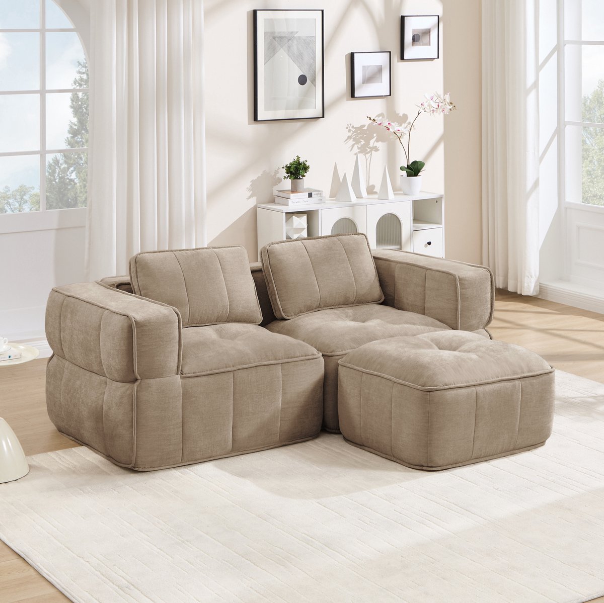 REDOM - Hoekbank - L-vormig modulair ontwerp - Met hocker - Diepe zit - Voor woonkamer en appartement - Polyester - Sand - 198 x 162 x 67 cm