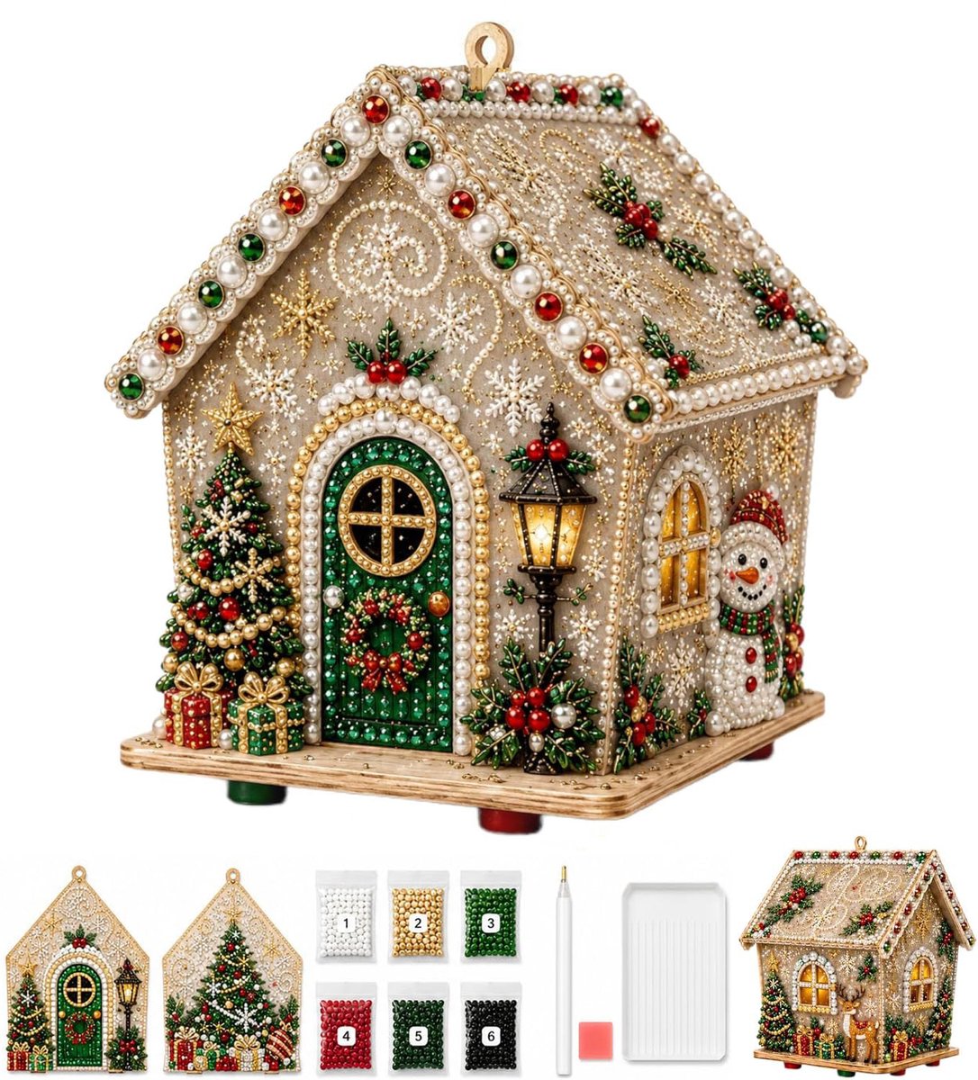 Namajunas - 3D Houten Huis Diamond Painting set - Parels - Diamond Painting Volwassenen & Kinderen - Met Diamond Painting Accesoires - Creatief Knutselen - Knutselpakket - Kerstboomversiering - Kerstversiering Decoratie Binnen - Cadeau - Sneeuwpop