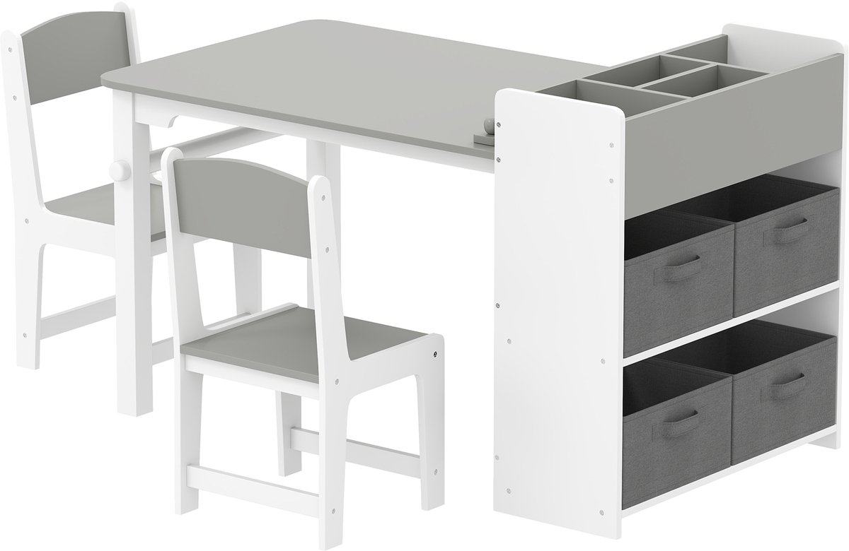 Kindertafel met 2 stoelen - tekentafel en knutseltafel - voorzien van een rolpapierhouder en 4 stoffen dienbladen - tekenbord