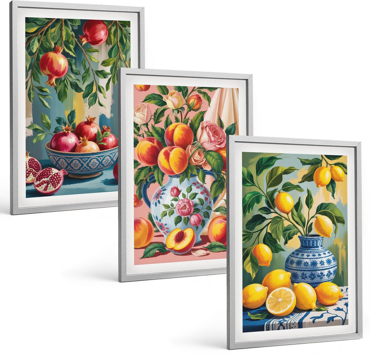 Coloray 3-Delige Schilderij Set - Fruitcomposities Met Granaatappels, Citroenen En Perziken - 40 x 60 cm - Muurdecoratie - Wanddecoratie - Hal - Woonkamer Decoratie